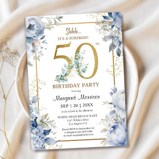 50. Geburtstagsparty Elegant Dusty Blue Floral Einladung