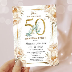 50. Geburtstagsparty Elegant White Peony Floral Einladung