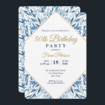 50. Geburtstagsparty Elegante Einladung<br><div class="desc">Goldrahmen und blaue Blätter 50. Geburtstagsfeier Einladungskarte. Finden Sie passende Produkte in unserem Shop oder kontaktieren Sie uns.</div>