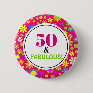 50. Geburtstagsparty Fabulous Pink Vintag Floral Button