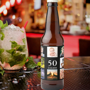 50. Geburtstagsparty Foto Collage Typ schwarz Bierflaschenetikett