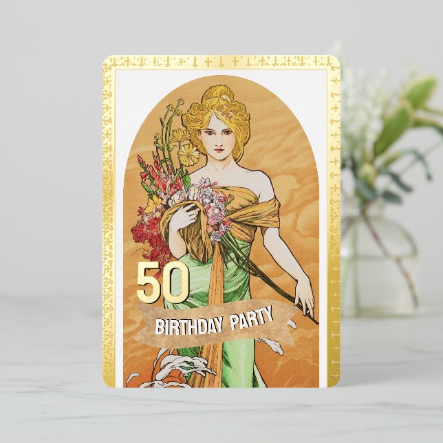 50. Geburtstagsparty, Frühlingsgöttin, Vintage Kun Folieneinladung (Stehend vorne)
