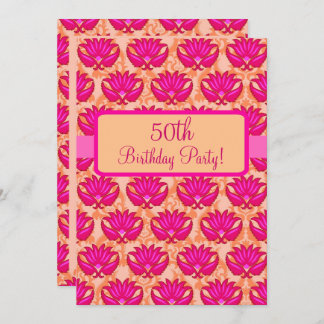 50. Geburtstagsparty Fuchsia Pink Orange Damask Einladung