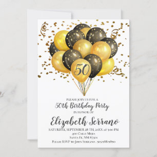 50. Geburtstagsparty Gold & Black Balloons auf Wei Einladung
