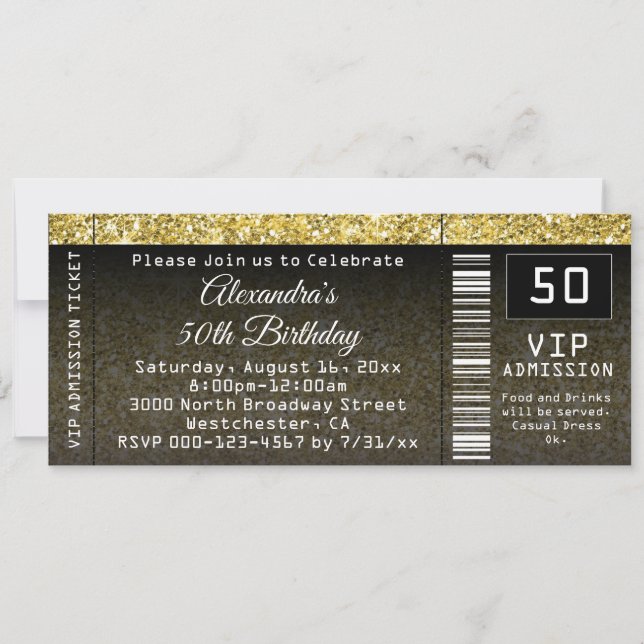 50. Geburtstagsparty Gold/Black Ticket Einladung (Vorderseite)