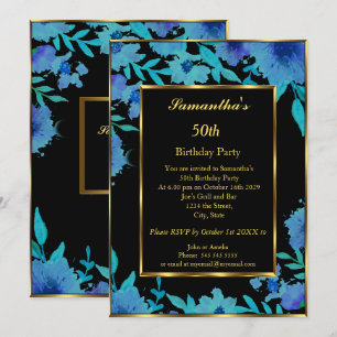 50. Geburtstagsparty Gold Blue Blume Floral Einladung