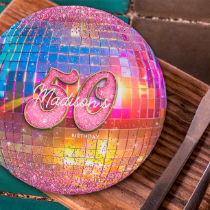 50. Geburtstagsparty Gold Pink Glitzer Disco Ball Pappteller