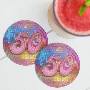 50. Geburtstagsparty Gold Pink Glitzer Disco Ball Runder Pappuntersetzer