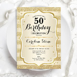 50. Geburtstagsparty - Goldene Einladung<br><div class="desc">50. Geburtstagsfeier Einladung. Elegantes Design in Gold. Features Imitate Glitzer goldene Streifen,  stilvolle Skript-Schriftart und Konfetti. Ideal für eine gläserne Geburtstagsfeier.</div>