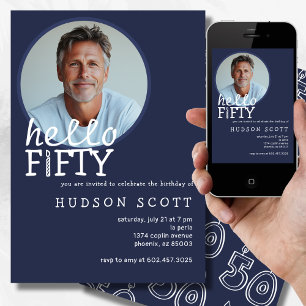 50. Geburtstagsparty Hallo Fünfzig Foto Navy Blue Einladung