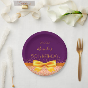50. Geburtstagsparty lila Goldbogen elegant Pappteller