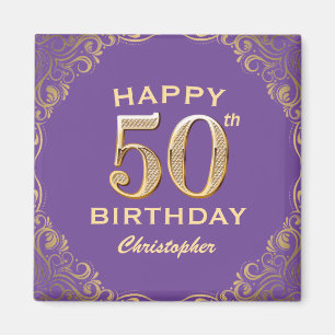 50. Geburtstagsparty Lila und Gold Glitzer Frame Magnet