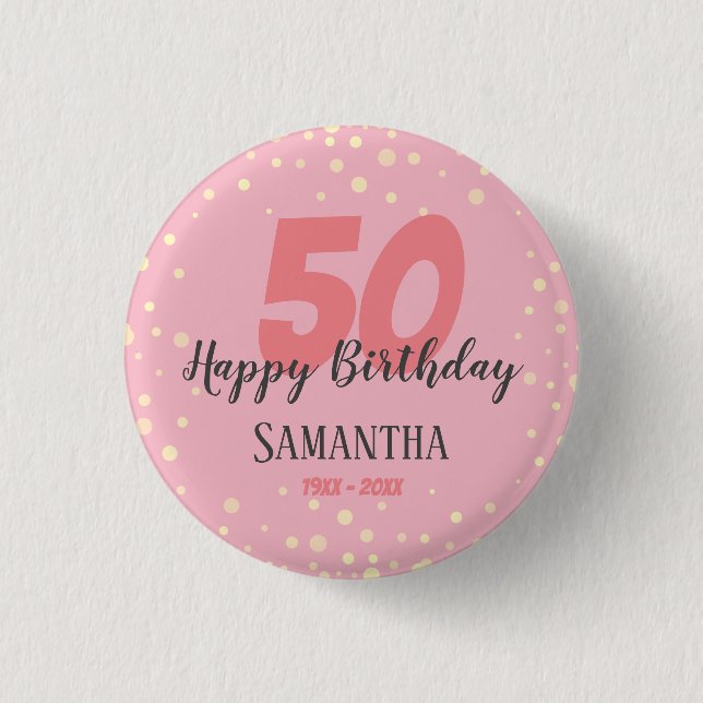 50. Geburtstagsparty mit Confetti Pink Button (Vorderseite)