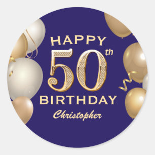 50. Geburtstagsparty Navy Blue and Gold Balloons Runder Aufkleber