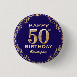 50. Geburtstagsparty Navy Blue and Gold Glitzer Button