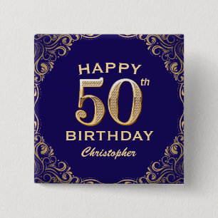 50. Geburtstagsparty Navy Blue and Gold Glitzer Button
