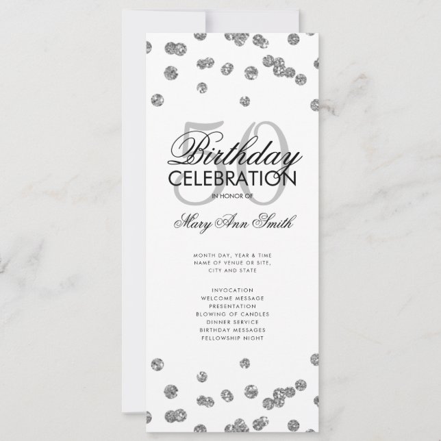 50. Geburtstagsparty Programm Silberner Glitzer mi (Vorderseite)