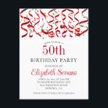 50. Geburtstagsparty Red Streamers Confetti Einladungspostkarte<br><div class="desc">Eine 50. Geburtstagsfeier mit lebendigen roten Bandstraffern und roten Konfetti. Für jedes Alter Geburtstag individuell anpassen. Rote und schwarze Typografie.</div>