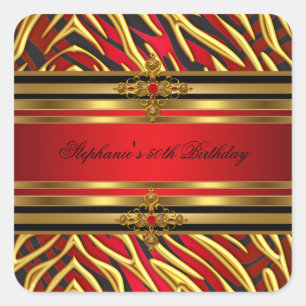 50. Geburtstagsparty Red Zebra Gold Black Quadratischer Aufkleber