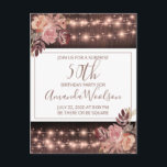 50. Geburtstagsparty Rustic String Lights Florals Postkarte<br><div class="desc">Rustikale Saitenleuchten und Blumen in staubiger Rose,  braune Einladung für eine 50. Geburtstagsfeier. Passen Sie sich mit Ihrem Geburtstagsjahr an. Elegante moderne Schrift.</div>