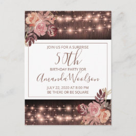 50. Geburtstagsparty Rustic String Lights Florals Postkarte