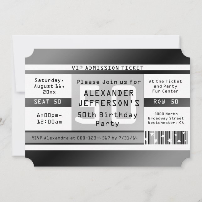 50. Geburtstagsparty-Ticket geformt Einladung (Vorderseite)