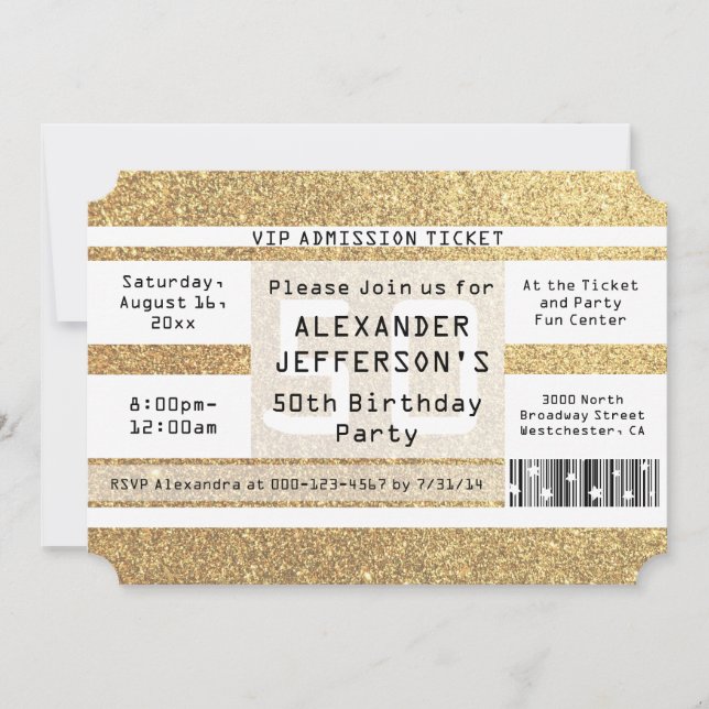 50. Geburtstagsparty Ticket Goldsparkle Einladung (Vorderseite)