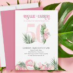 50. Geburtstagsparty Tropical Pink Protea Number 5 Einladung<br><div class="desc">50. Geburtstagsfeier mit der Nummer 50,  die mit tropischen Blätter aus Palmen,  blühenden rosa Protea-Blume und Kokospalmen geschmückt ist. Feines,  elegantes Design mit floralen Wasserfarben in Rosa- und Grüntönen. Ideal für 50-jährige Jubiläumsfeiern,  Party oder Party für Gartentee.</div>