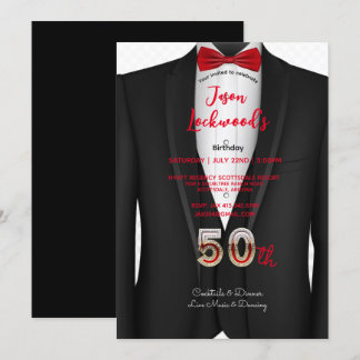 50. Geburtstagsparty, Tuxedo Anzug, Black & Red Kr Einladung