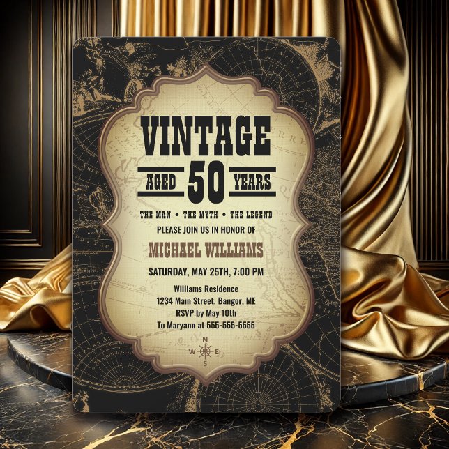 50. Geburtstagsparty Vintages Thema Weltkarte Einladung (50th Birthday Party Invitation with a Vintage theme for men)