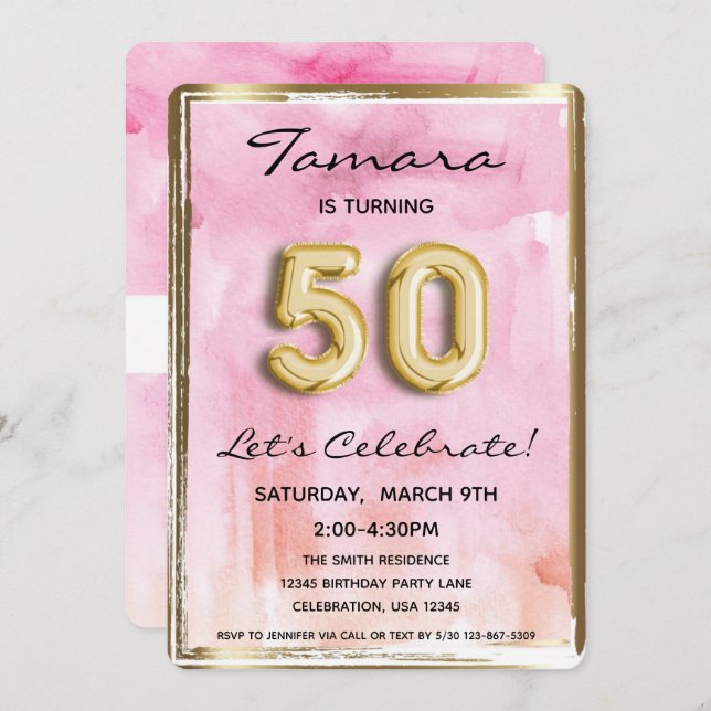 50. Girl Birthday Pink und Gold Einladung (Vorne/Hinten)