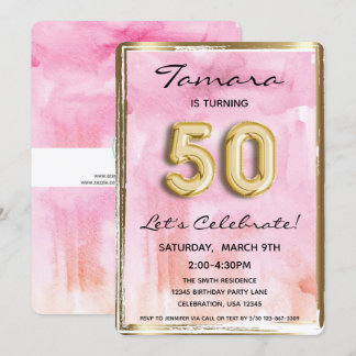50. Girl Birthday Pink und Gold Einladung