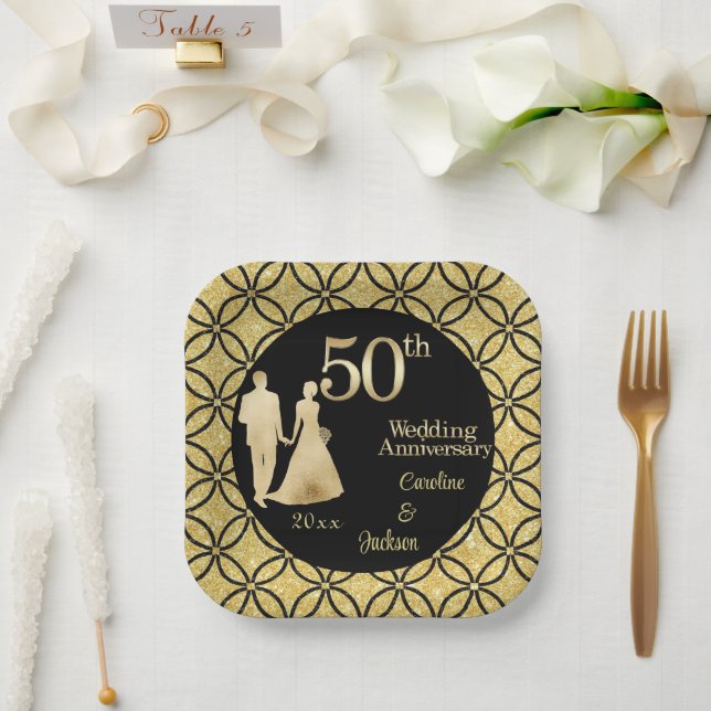 50. Gold Couple Wedding Anniversary Glitzer Pappteller (Hochzeit)
