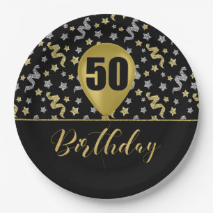 50 Gold Geburtstagsballon auf Black Gold Confetti Pappteller