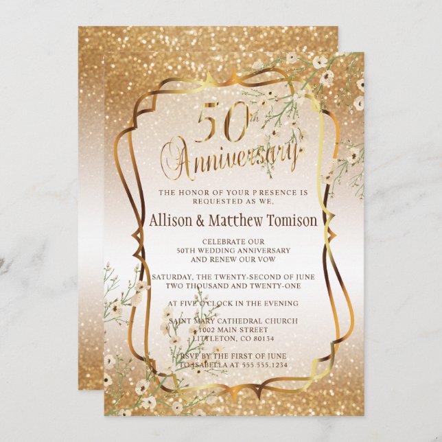 50. Gold Glitzer Hochzeitstag | DIY Text Einladung (Vorne/Hinten)