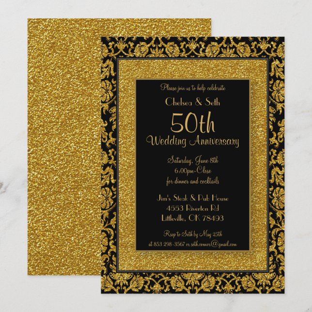 50. Gold Glitzer Hochzeitstag Einladung (Vorne/Hinten)