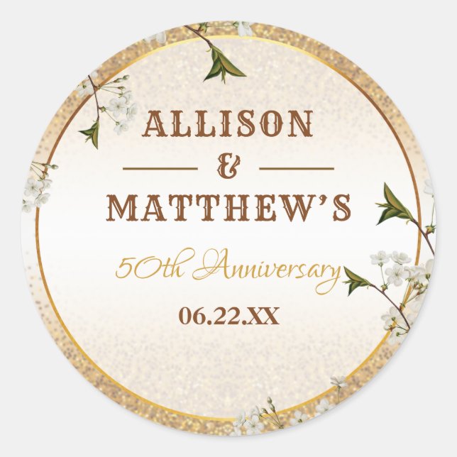 50. Gold Glitzer Rahmen Blumenzwiebeln Runder Aufkleber (Vorderseite)