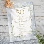 50. Gold Jubiläum Schneeflocken Grüne Blätter Einladung<br><div class="desc">Mit botanischer Vegetation Aquarell Eukalyptus Blätter auf einem Winterschneeflocken Hintergrund. Diese elegante Einladung zum goldenen Jubiläum kann mit Ihren besonderen 50-jährigen Jubiläumsfeiern in der modernen Goldtypografie personalisiert werden. Entwickelt von Thisisnotme©</div>