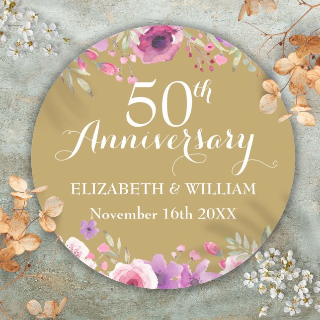 50. Golden Wedding Anniversary Wasserfarbe Rose Runder Aufkleber (50th Golden Wedding Anniversary Watercolor Roses Classic Round Sticker)