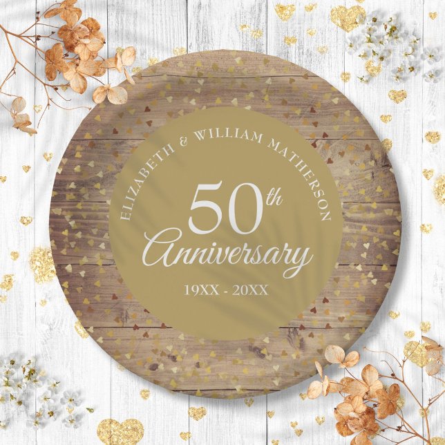 50. Goldene Hochzeit Jahrestag Rustikale Confetti Pappteller (50th Golden Wedding Anniversary Rustic Confetti Paper Plates)
