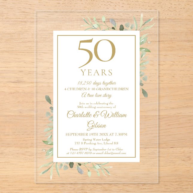 50. Goldene Hochzeitstag Erinnerungen Grüne Acryleinladungen (Vorderseite)
