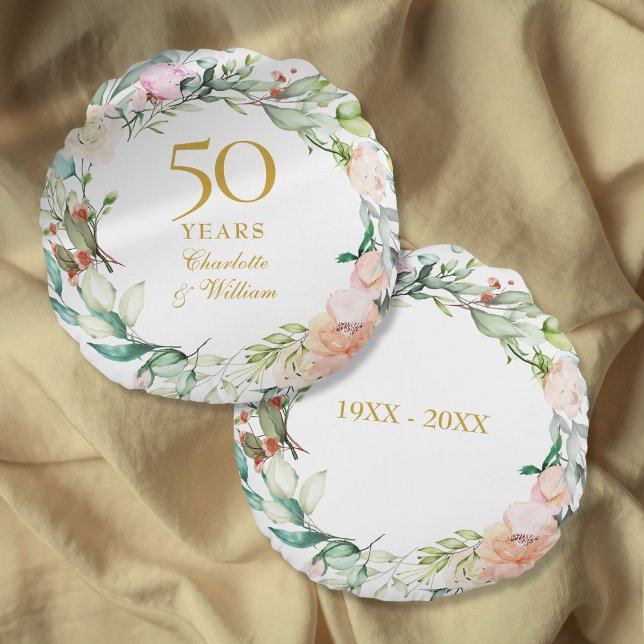50. Goldene Hochzeitstag Rose Garland Rundes Kissen (50th Golden Wedding Anniversary Roses Garland Round Pillow)