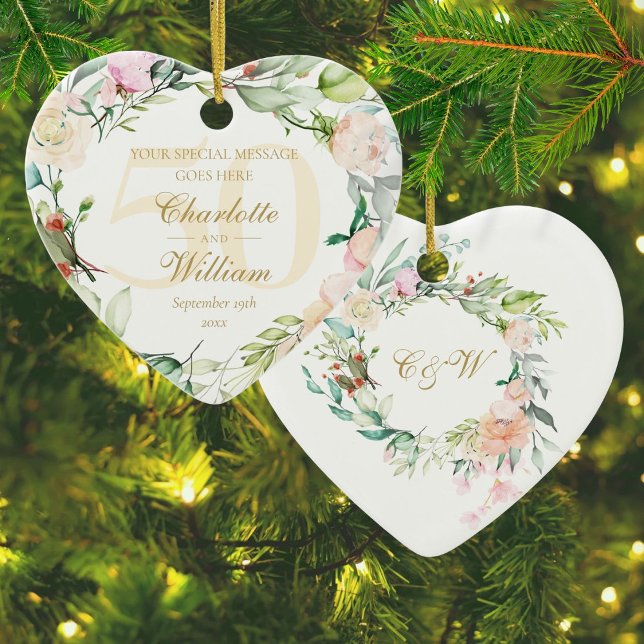 50. Goldene Jubiläumsblumenmonogramm Keramik Ornament (50th Golden Wedding Anniversary Floral Monogram Ceramic Ornament)