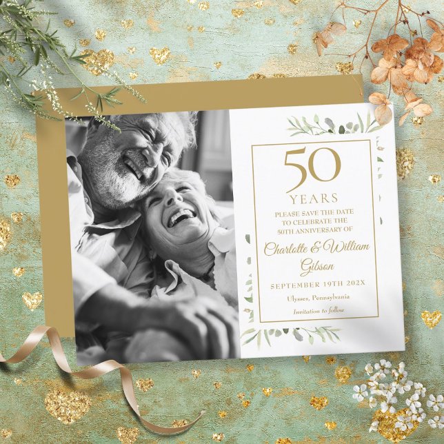 50. Goldenes Hochzeitstag Foto für Grünpflanzen Ankündigungspostkarte (50th Golden Wedding Anniversary Greenery Photo Announcement Postcard)