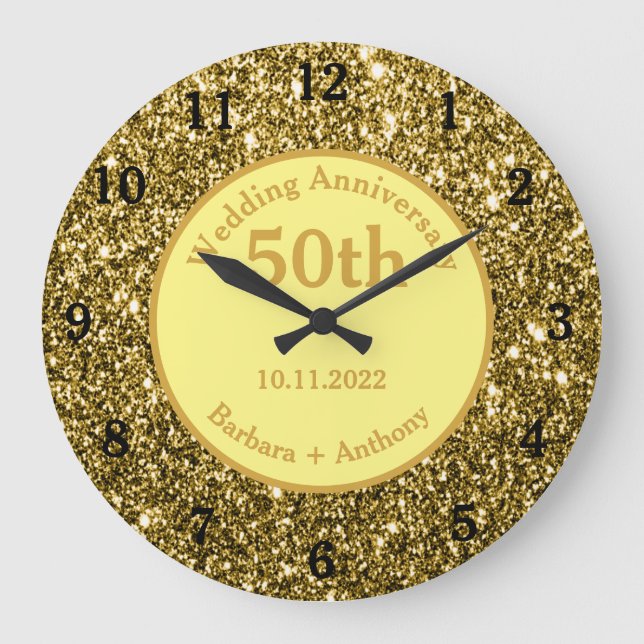 50. Goldenes Hochzeitstag Sparkle Gold Glam Große Wanduhr (Vorderseite)