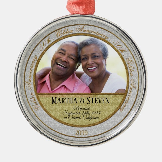 50. Goldenes Jubiläum Damask-Foto mit Namen Silbernes Ornament (Vorne)