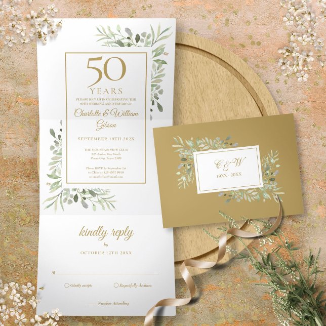 50. Goldenes Jubiläum Hochzeitsgrün Dreifach Gefaltete Einladung (50th Golden Anniversary Wedding Greenery Floral Tri-Fold Invitation)