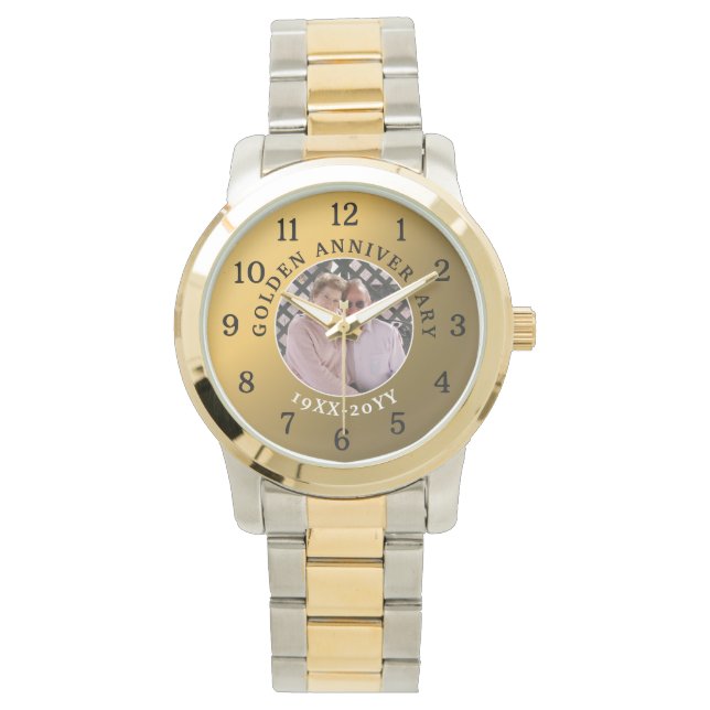 50. Goldenes Jubiläum Hochzeitsjahr Foto Gold Armbanduhr (Vorderseite)