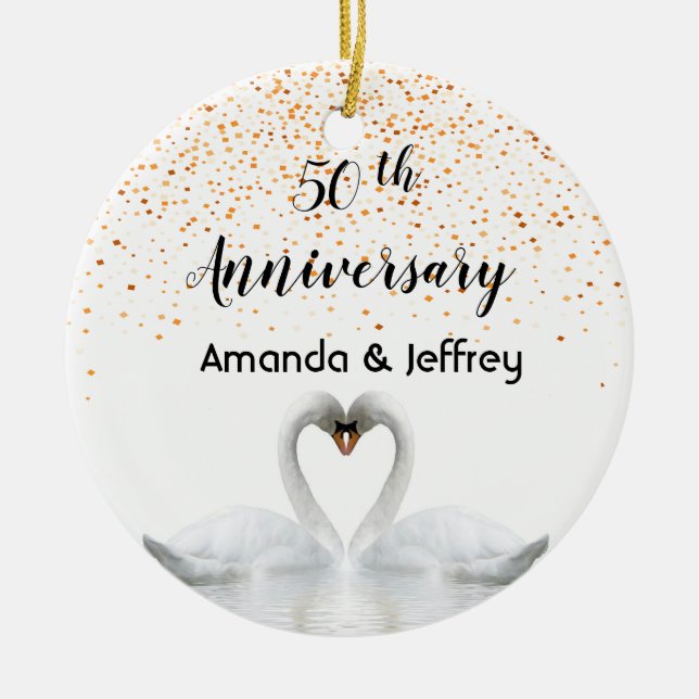 50. Goldhochzeit-Jubiläum Weiße Schwäne Keramik Ornament (Vorne)