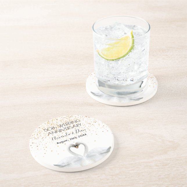 50. Goldhochzeit mit weißen Schwänen Getränkeuntersetzer (Seite)